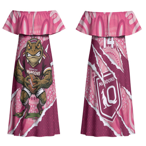 QLD Maroons Rugby Custom Couples Matching Off Shoulder Maxi Dress and Long Sleeve Button Shirt Go Cane Toads Sporty Aboriginal Art LT14