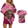 QLD Maroons Rugby Custom Couples Matching Off Shoulder Short Dress and Hawaiian Shirt Go Cane Toads Sporty Aboriginal Art