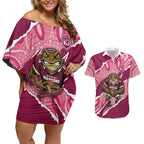 QLD Maroons Rugby Custom Couples Matching Off Shoulder Short Dress and Hawaiian Shirt Go Cane Toads Sporty Aboriginal Art