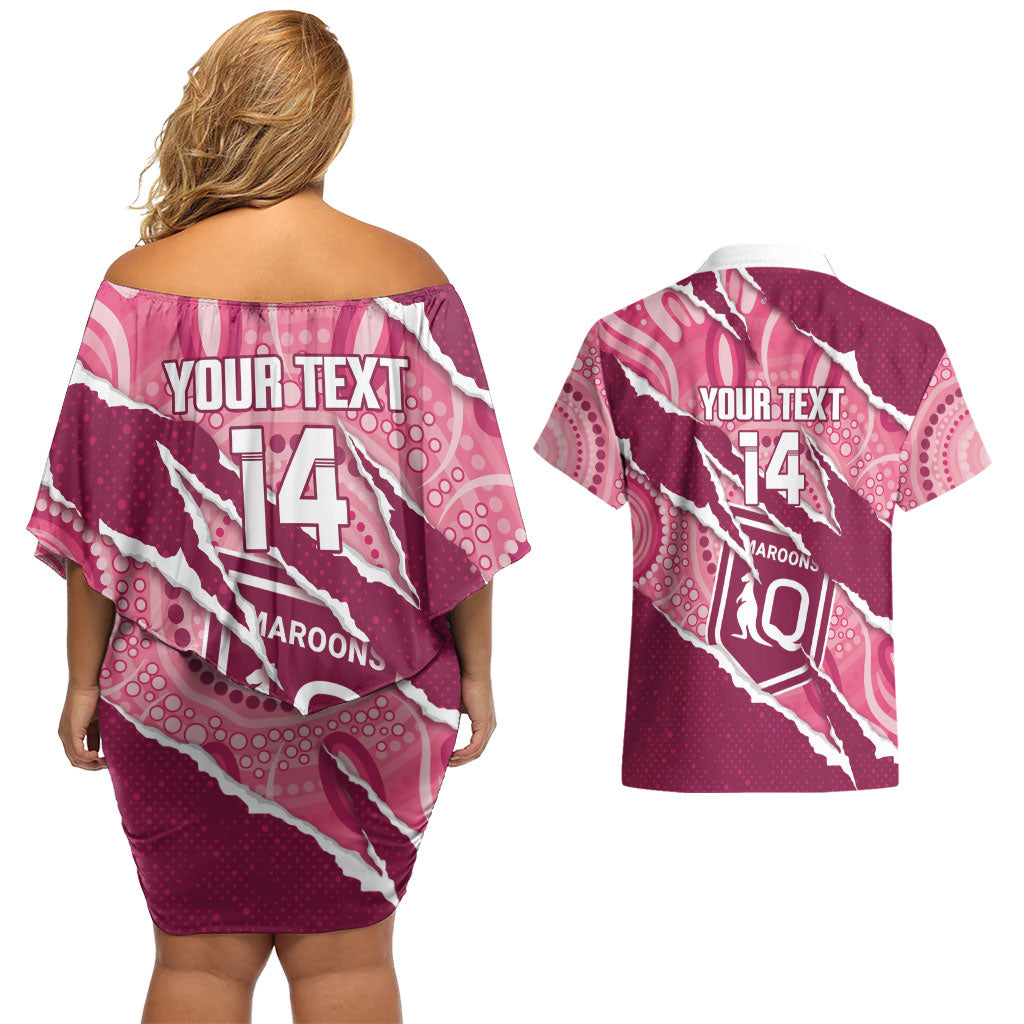 QLD Maroons Rugby Custom Couples Matching Off Shoulder Short Dress and Hawaiian Shirt Go Cane Toads Sporty Aboriginal Art