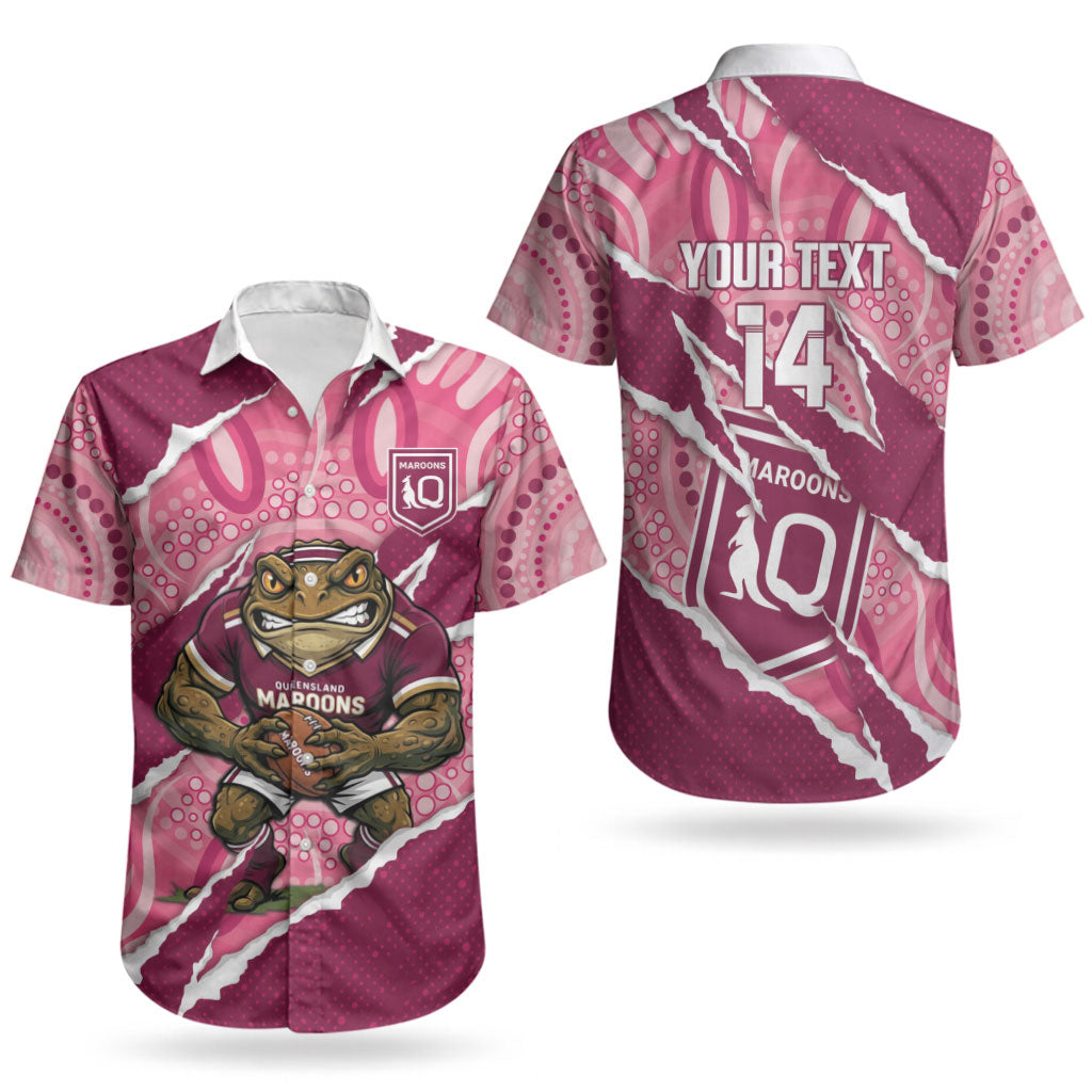 QLD Maroons Rugby Custom Couples Matching Off Shoulder Short Dress and Hawaiian Shirt Go Cane Toads Sporty Aboriginal Art LT14