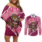 QLD Maroons Rugby Custom Couples Matching Off Shoulder Short Dress and Long Sleeve Button Shirt Go Cane Toads Sporty Aboriginal Art