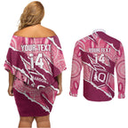 QLD Maroons Rugby Custom Couples Matching Off Shoulder Short Dress and Long Sleeve Button Shirt Go Cane Toads Sporty Aboriginal Art
