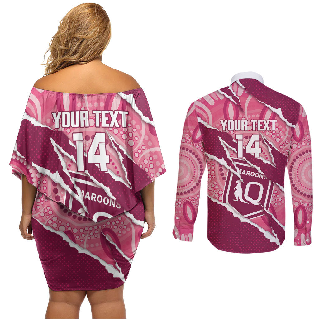 QLD Maroons Rugby Custom Couples Matching Off Shoulder Short Dress and Long Sleeve Button Shirt Go Cane Toads Sporty Aboriginal Art