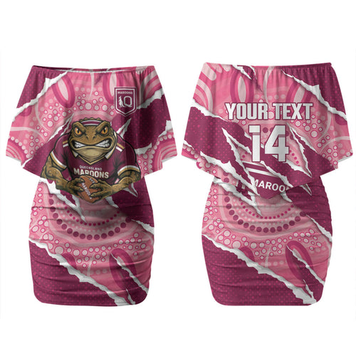 QLD Maroons Rugby Custom Couples Matching Off Shoulder Short Dress and Long Sleeve Button Shirt Go Cane Toads Sporty Aboriginal Art LT14