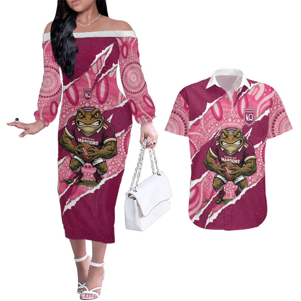 QLD Maroons Rugby Custom Couples Matching Off The Shoulder Long Sleeve Dress and Hawaiian Shirt Go Cane Toads Sporty Aboriginal Art