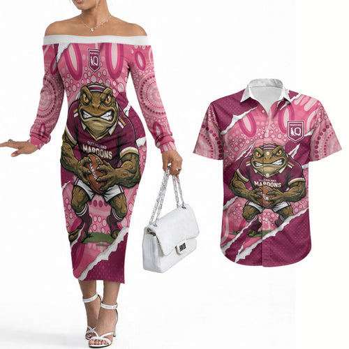 QLD Maroons Rugby Custom Couples Matching Off The Shoulder Long Sleeve Dress and Hawaiian Shirt Go Cane Toads Sporty Aboriginal Art