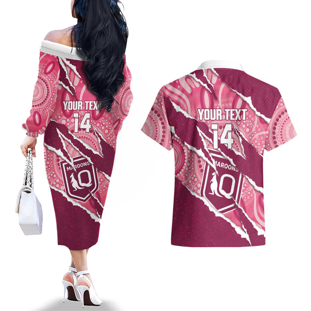 QLD Maroons Rugby Custom Couples Matching Off The Shoulder Long Sleeve Dress and Hawaiian Shirt Go Cane Toads Sporty Aboriginal Art