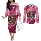QLD Maroons Rugby Custom Couples Matching Off The Shoulder Long Sleeve Dress and Long Sleeve Button Shirt Go Cane Toads Sporty Aboriginal Art