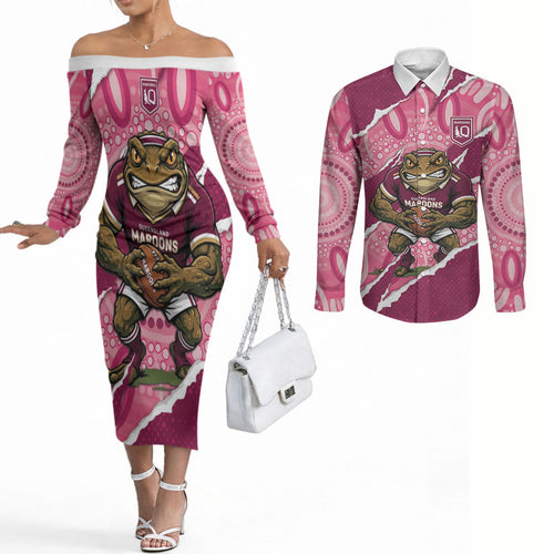 QLD Maroons Rugby Custom Couples Matching Off The Shoulder Long Sleeve Dress and Long Sleeve Button Shirt Go Cane Toads Sporty Aboriginal Art