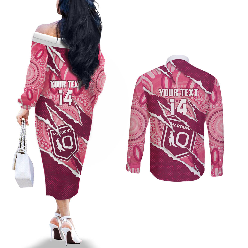 QLD Maroons Rugby Custom Couples Matching Off The Shoulder Long Sleeve Dress and Long Sleeve Button Shirt Go Cane Toads Sporty Aboriginal Art