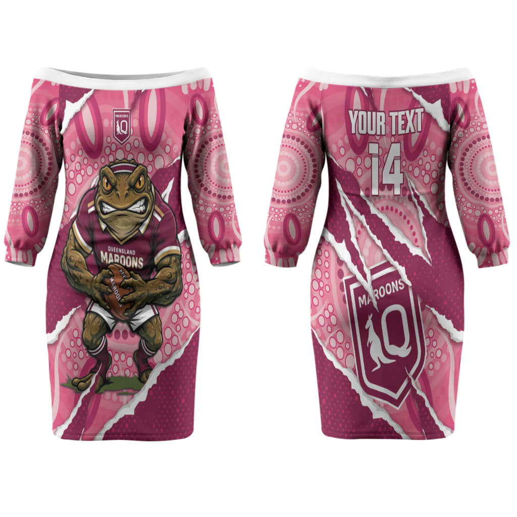 QLD Maroons Rugby Custom Couples Matching Off The Shoulder Long Sleeve Dress and Long Sleeve Button Shirt Go Cane Toads Sporty Aboriginal Art LT14