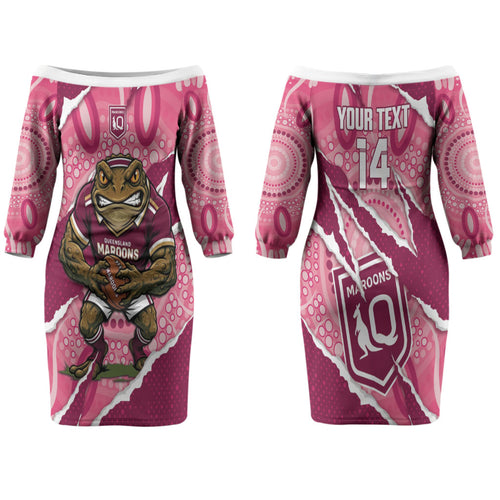 QLD Maroons Rugby Custom Couples Matching Off The Shoulder Long Sleeve Dress and Long Sleeve Button Shirt Go Cane Toads Sporty Aboriginal Art LT14