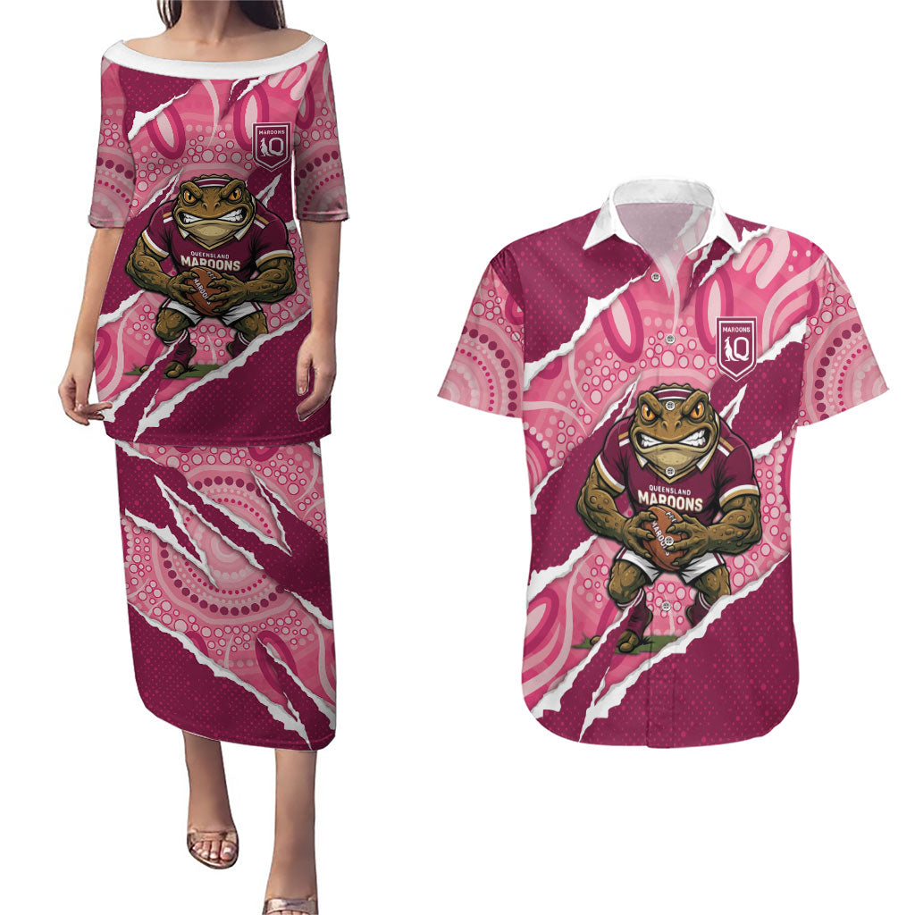 QLD Maroons Rugby Custom Couples Matching Puletasi and Hawaiian Shirt Go Cane Toads Sporty Aboriginal Art