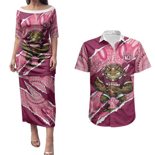 QLD Maroons Rugby Custom Couples Matching Puletasi and Hawaiian Shirt Go Cane Toads Sporty Aboriginal Art