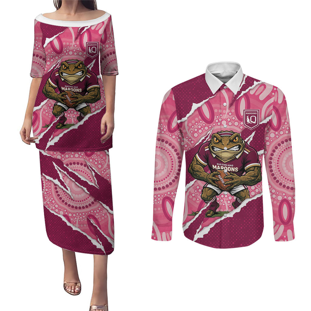 QLD Maroons Rugby Custom Couples Matching Puletasi and Long Sleeve Button Shirt Go Cane Toads Sporty Aboriginal Art