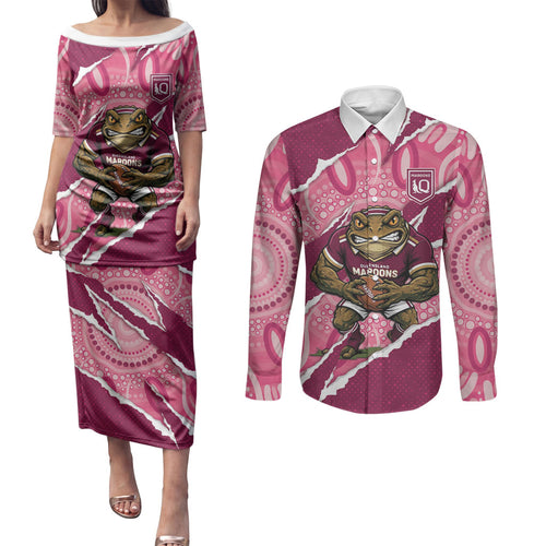 QLD Maroons Rugby Custom Couples Matching Puletasi and Long Sleeve Button Shirt Go Cane Toads Sporty Aboriginal Art