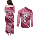 QLD Maroons Rugby Custom Couples Matching Puletasi and Long Sleeve Button Shirt Go Cane Toads Sporty Aboriginal Art