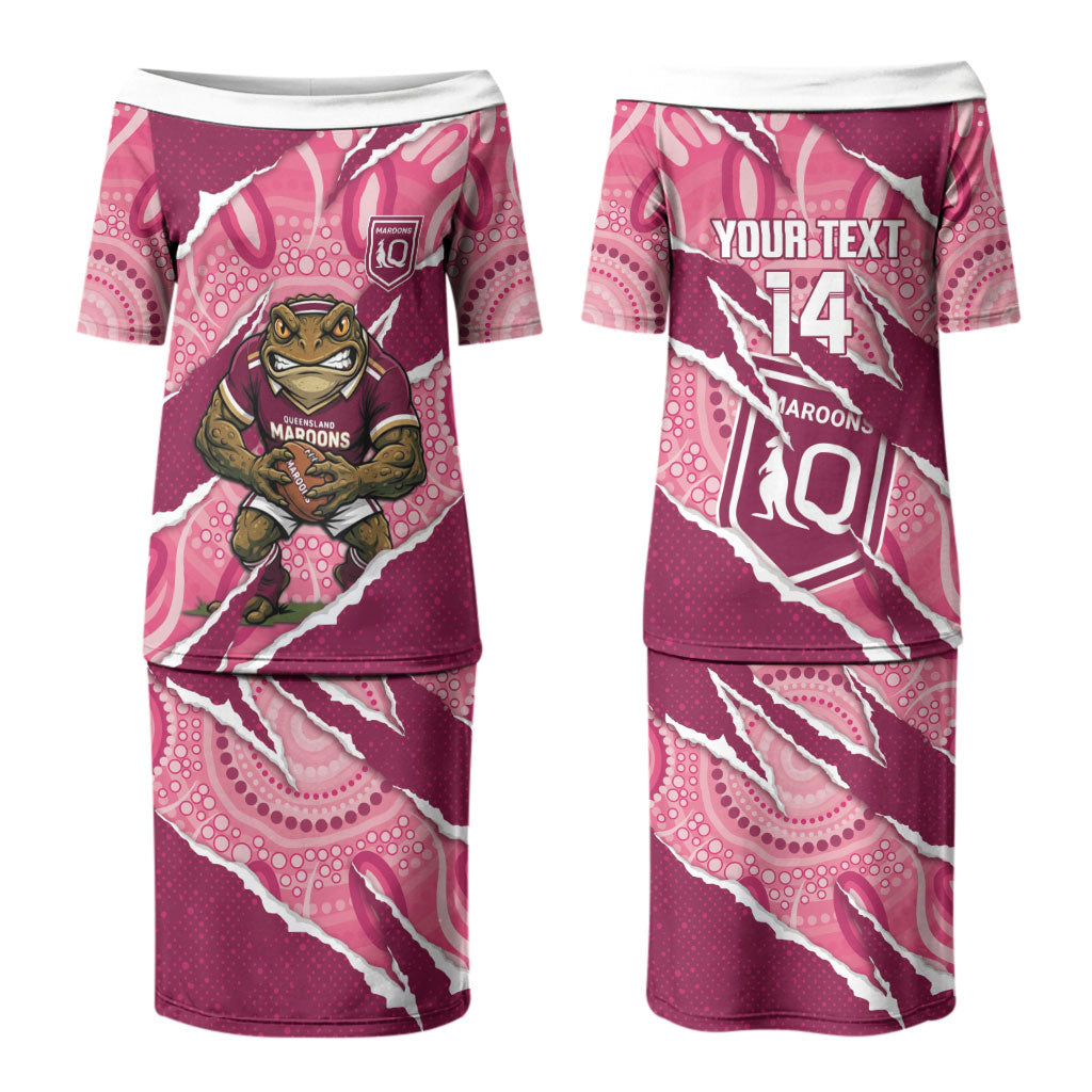 QLD Maroons Rugby Custom Couples Matching Puletasi and Long Sleeve Button Shirt Go Cane Toads Sporty Aboriginal Art LT14