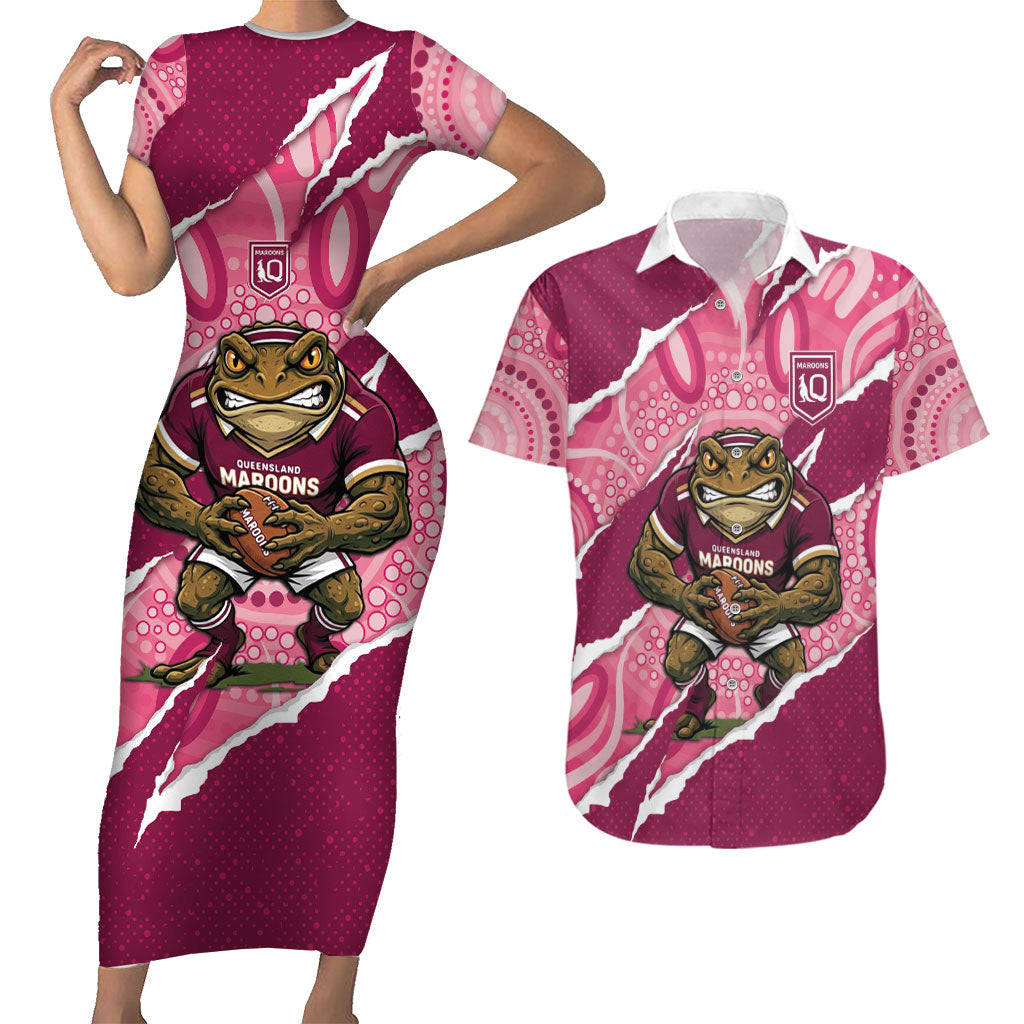QLD Maroons Rugby Custom Couples Matching Short Sleeve Bodycon Dress and Hawaiian Shirt Go Cane Toads Sporty Aboriginal Art