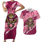 QLD Maroons Rugby Custom Couples Matching Short Sleeve Bodycon Dress and Hawaiian Shirt Go Cane Toads Sporty Aboriginal Art
