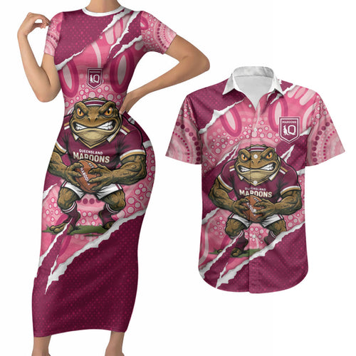 QLD Maroons Rugby Custom Couples Matching Short Sleeve Bodycon Dress and Hawaiian Shirt Go Cane Toads Sporty Aboriginal Art