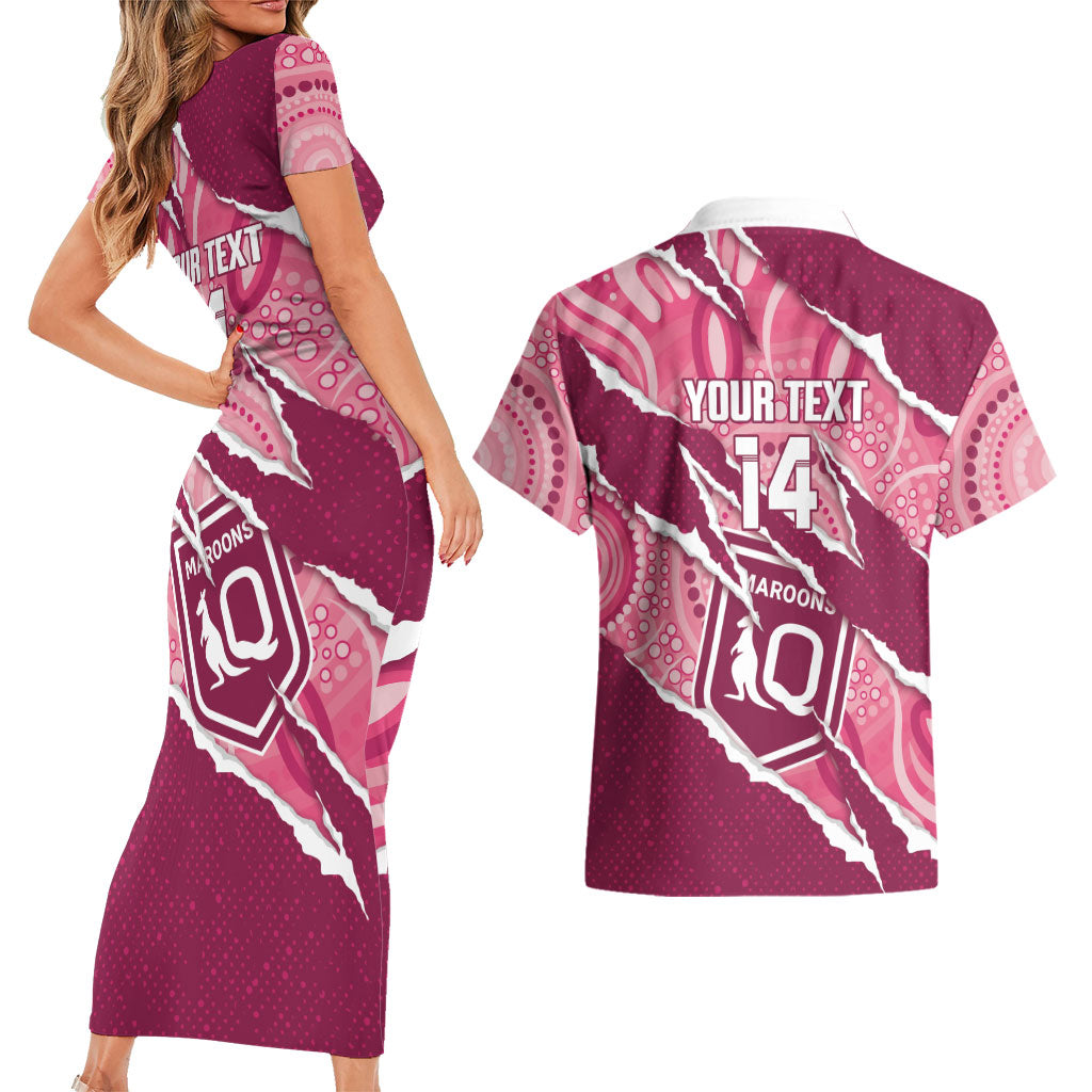 QLD Maroons Rugby Custom Couples Matching Short Sleeve Bodycon Dress and Hawaiian Shirt Go Cane Toads Sporty Aboriginal Art