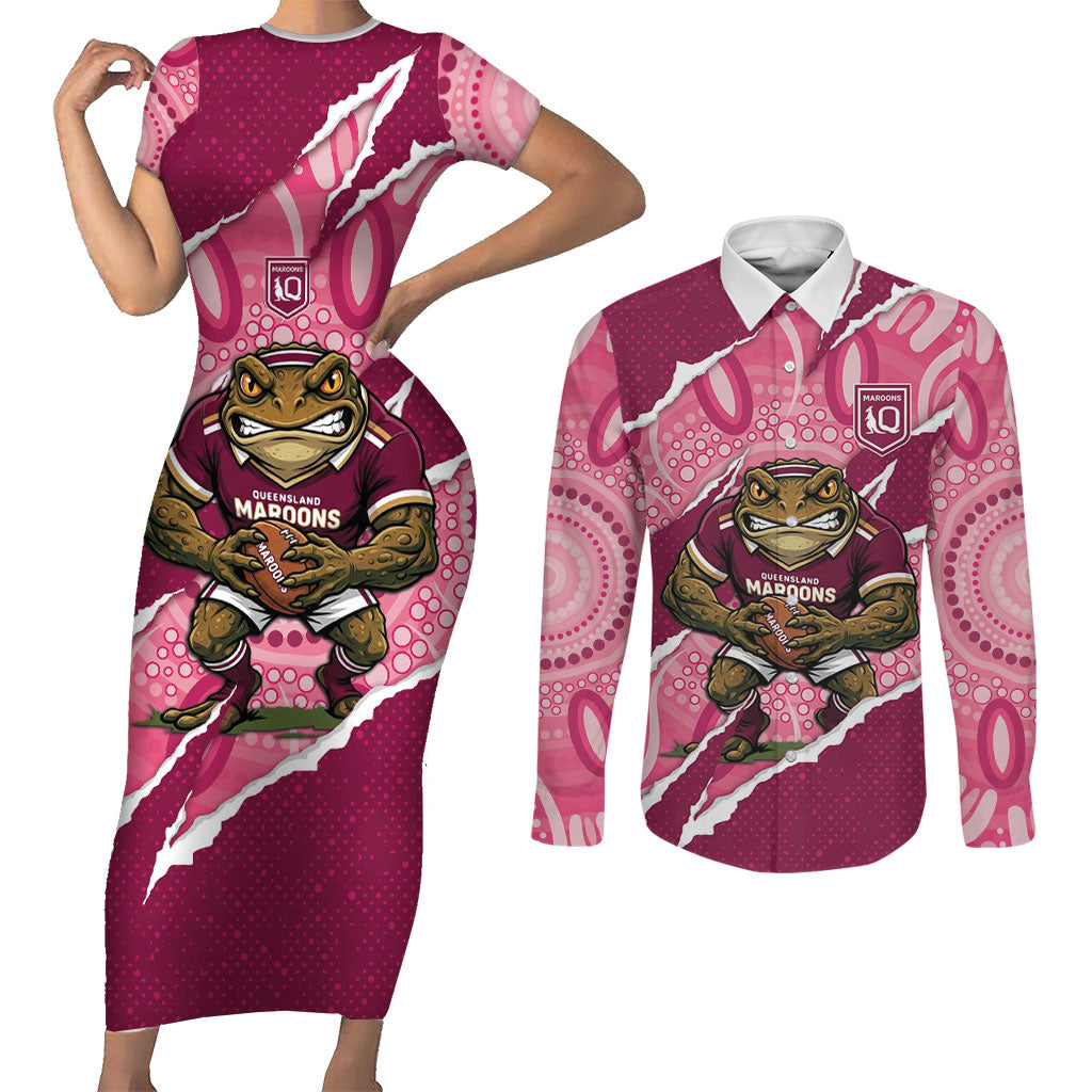 QLD Maroons Rugby Custom Couples Matching Short Sleeve Bodycon Dress and Long Sleeve Button Shirt Go Cane Toads Sporty Aboriginal Art