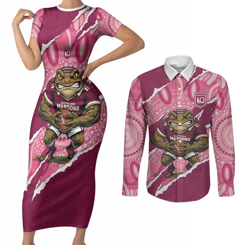 QLD Maroons Rugby Custom Couples Matching Short Sleeve Bodycon Dress and Long Sleeve Button Shirt Go Cane Toads Sporty Aboriginal Art