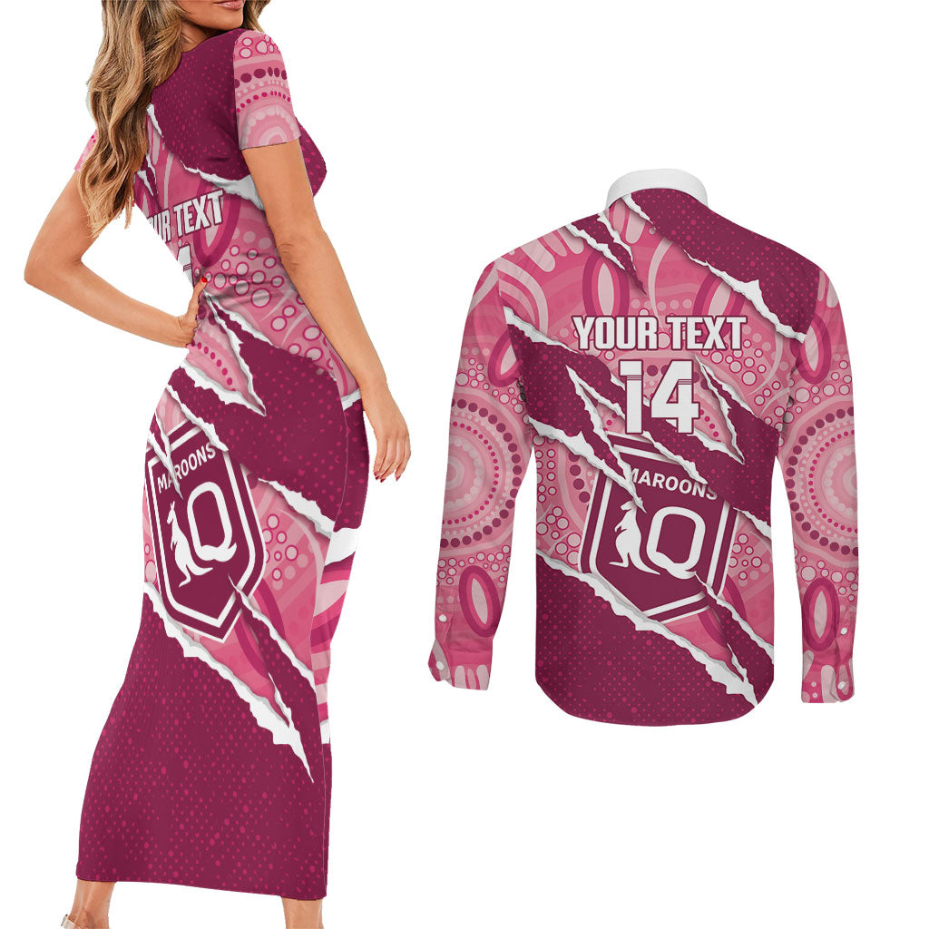 QLD Maroons Rugby Custom Couples Matching Short Sleeve Bodycon Dress and Long Sleeve Button Shirt Go Cane Toads Sporty Aboriginal Art