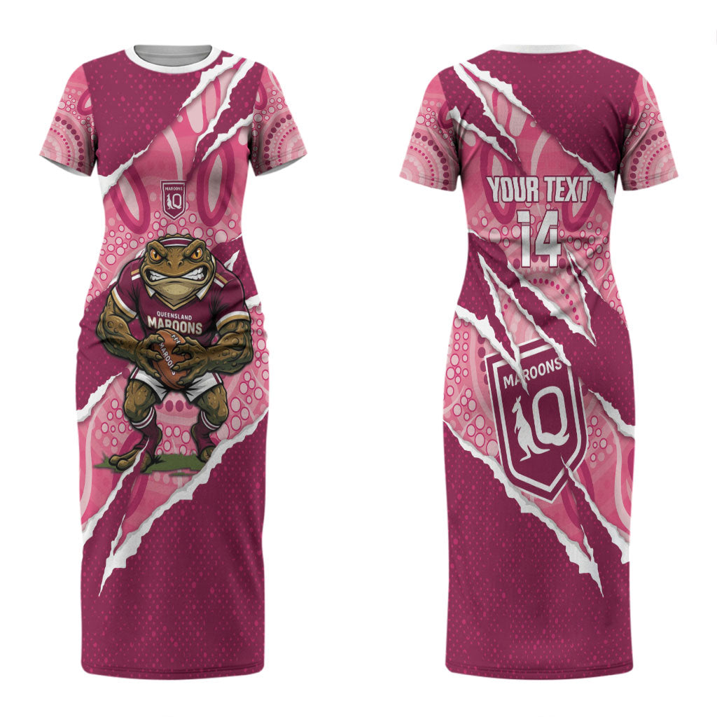 QLD Maroons Rugby Custom Couples Matching Short Sleeve Bodycon Dress and Long Sleeve Button Shirt Go Cane Toads Sporty Aboriginal Art LT14