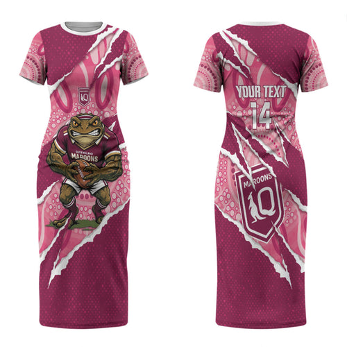 QLD Maroons Rugby Custom Couples Matching Short Sleeve Bodycon Dress and Long Sleeve Button Shirt Go Cane Toads Sporty Aboriginal Art LT14