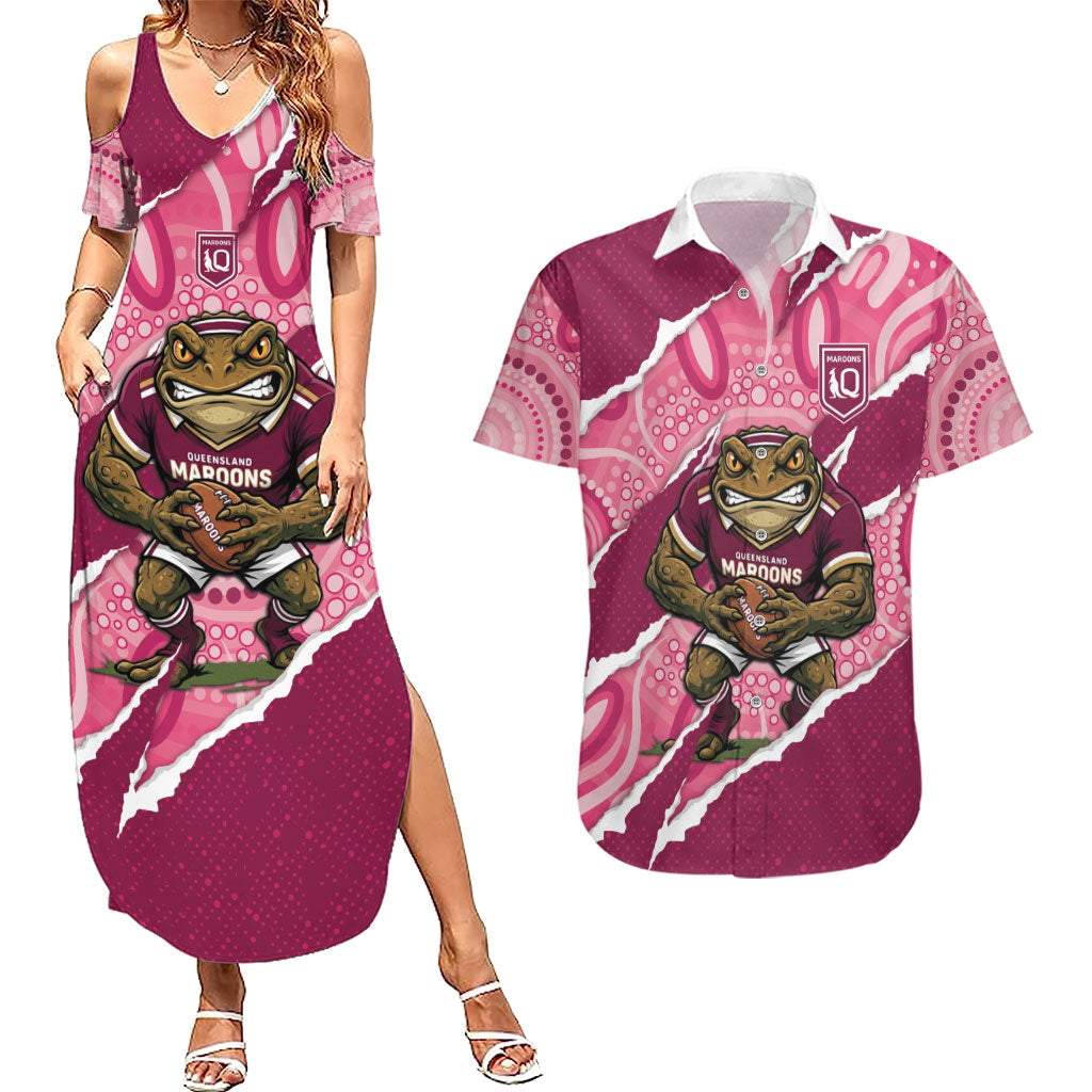 QLD Maroons Rugby Custom Couples Matching Summer Maxi Dress and Hawaiian Shirt Go Cane Toads Sporty Aboriginal Art