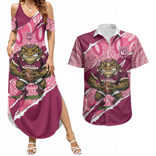 QLD Maroons Rugby Custom Couples Matching Summer Maxi Dress and Hawaiian Shirt Go Cane Toads Sporty Aboriginal Art