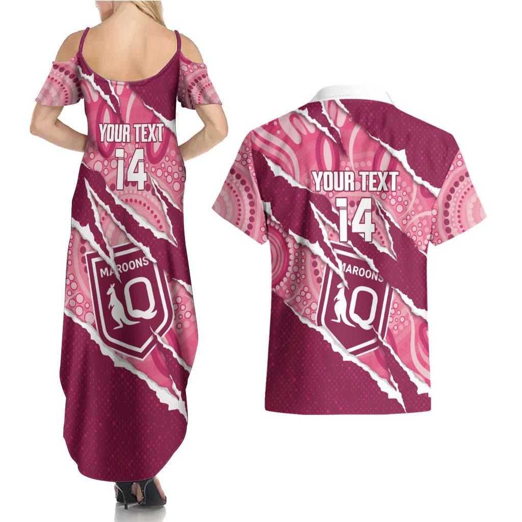 QLD Maroons Rugby Custom Couples Matching Summer Maxi Dress and Hawaiian Shirt Go Cane Toads Sporty Aboriginal Art