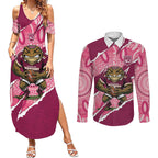 QLD Maroons Rugby Custom Couples Matching Summer Maxi Dress and Long Sleeve Button Shirt Go Cane Toads Sporty Aboriginal Art