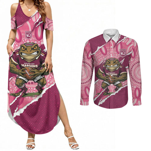 QLD Maroons Rugby Custom Couples Matching Summer Maxi Dress and Long Sleeve Button Shirt Go Cane Toads Sporty Aboriginal Art