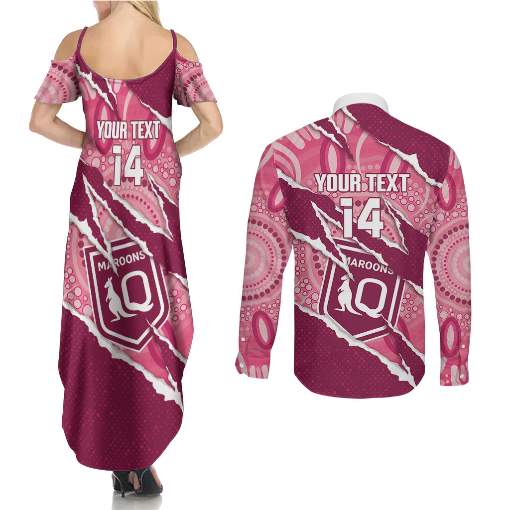 QLD Maroons Rugby Custom Couples Matching Summer Maxi Dress and Long Sleeve Button Shirt Go Cane Toads Sporty Aboriginal Art