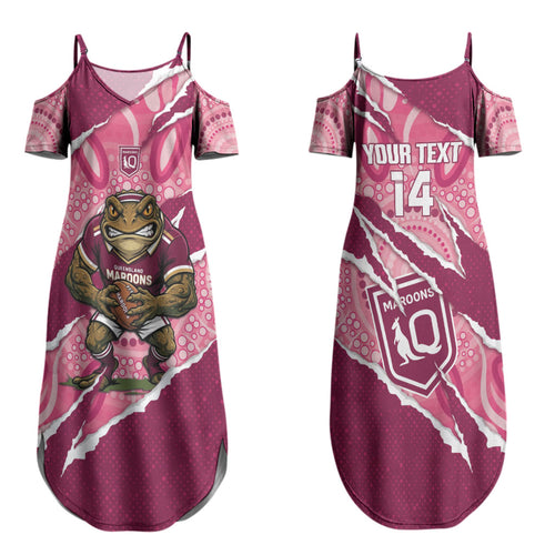 QLD Maroons Rugby Custom Couples Matching Summer Maxi Dress and Long Sleeve Button Shirt Go Cane Toads Sporty Aboriginal Art LT14
