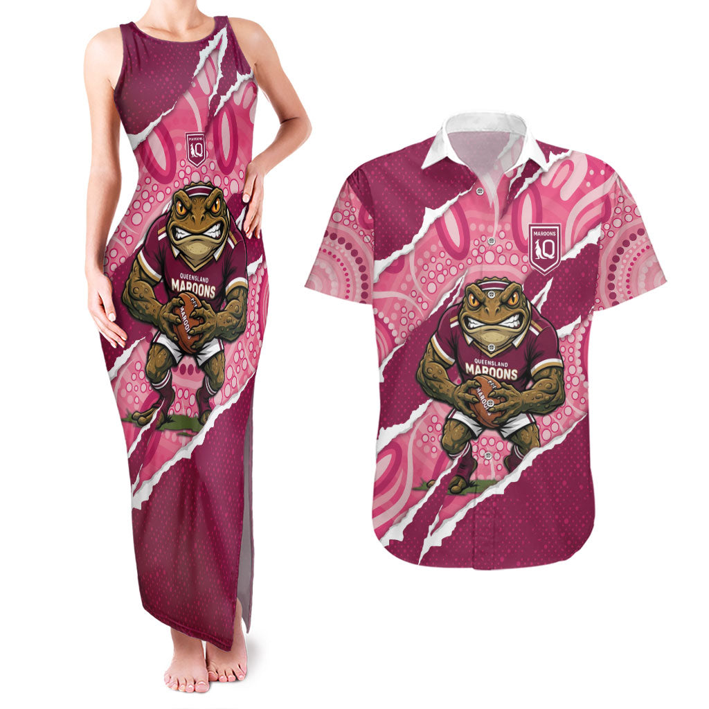 QLD Maroons Rugby Custom Couples Matching Tank Maxi Dress and Hawaiian Shirt Go Cane Toads Sporty Aboriginal Art