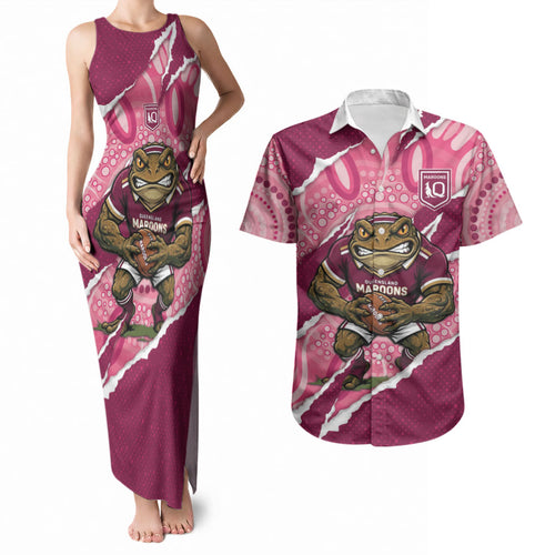 QLD Maroons Rugby Custom Couples Matching Tank Maxi Dress and Hawaiian Shirt Go Cane Toads Sporty Aboriginal Art