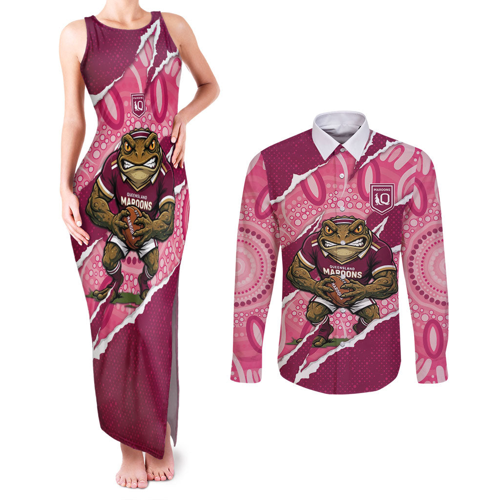 QLD Maroons Rugby Custom Couples Matching Tank Maxi Dress and Long Sleeve Button Shirt Go Cane Toads Sporty Aboriginal Art