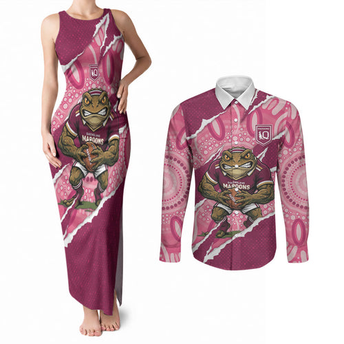 QLD Maroons Rugby Custom Couples Matching Tank Maxi Dress and Long Sleeve Button Shirt Go Cane Toads Sporty Aboriginal Art