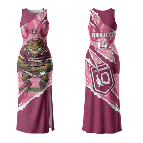QLD Maroons Rugby Custom Couples Matching Tank Maxi Dress and Long Sleeve Button Shirt Go Cane Toads Sporty Aboriginal Art LT14