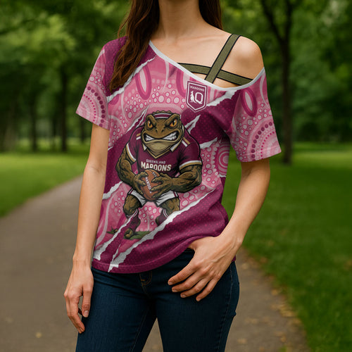 QLD Maroons Rugby Custom Cross Shoulder Shirt Go Cane Toads Sporty Aboriginal Art