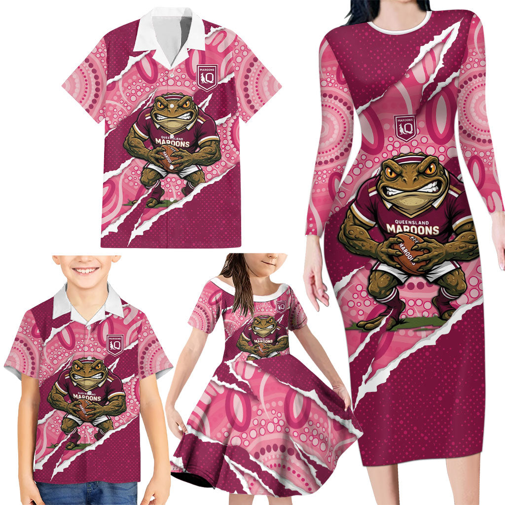 QLD Maroons Rugby Custom Family Matching Long Sleeve Bodycon Dress and Hawaiian Shirt Go Cane Toads Sporty Aboriginal Art