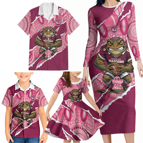 QLD Maroons Rugby Custom Family Matching Long Sleeve Bodycon Dress and Hawaiian Shirt Go Cane Toads Sporty Aboriginal Art