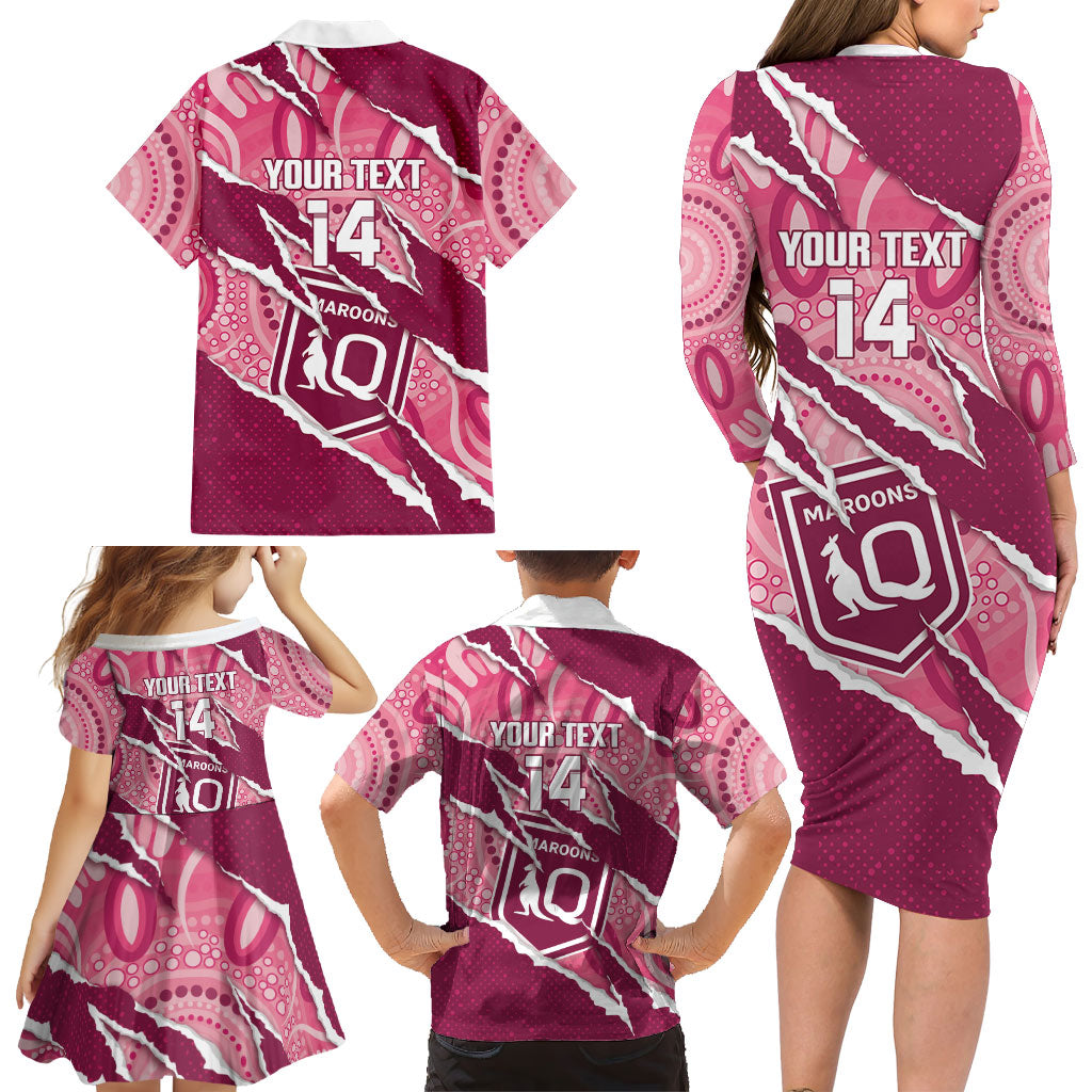 QLD Maroons Rugby Custom Family Matching Long Sleeve Bodycon Dress and Hawaiian Shirt Go Cane Toads Sporty Aboriginal Art