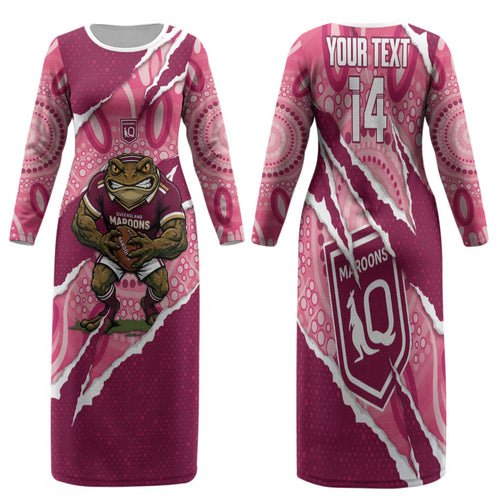 QLD Maroons Rugby Custom Family Matching Long Sleeve Bodycon Dress and Hawaiian Shirt Go Cane Toads Sporty Aboriginal Art