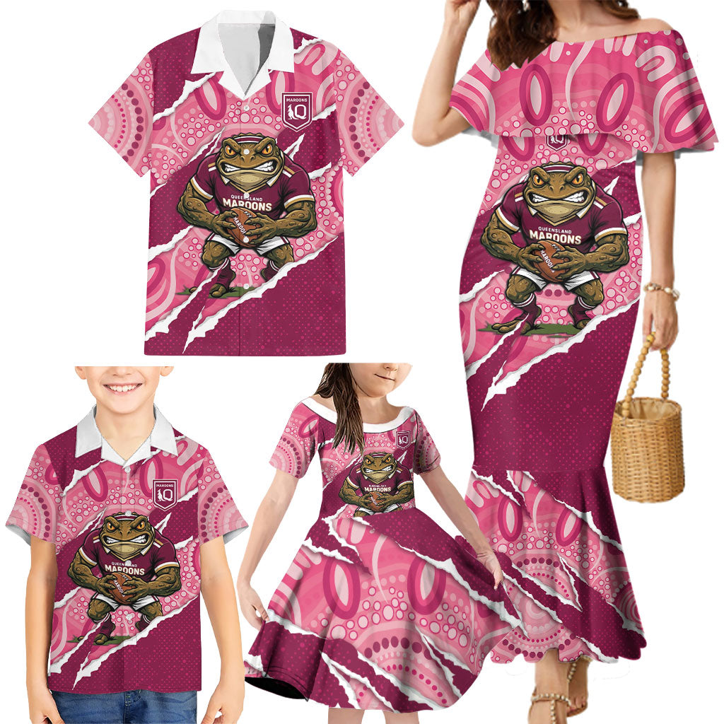 QLD Maroons Rugby Custom Family Matching Mermaid Dress and Hawaiian Shirt Go Cane Toads Sporty Aboriginal Art